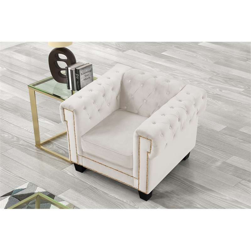 Pemberly Row 2-Piece Living Room Furniture Velvet Fabric Set in Off White