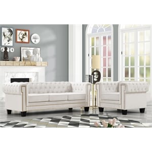 Pemberly Row 2-Piece Living Room Furniture Velvet Fabric Set in Off White