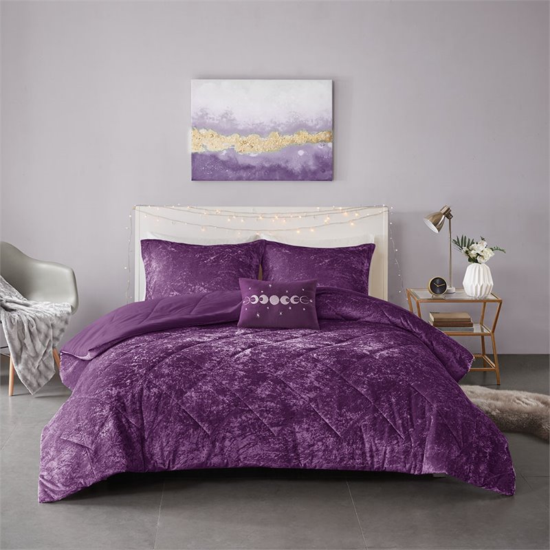 Pemberly Row Modern Polyester Crushed Comforter Set in Purple