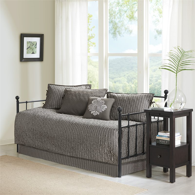 Pemberly Row Polyester Solid Brushed Reversible Daybed Cover Set in Gray