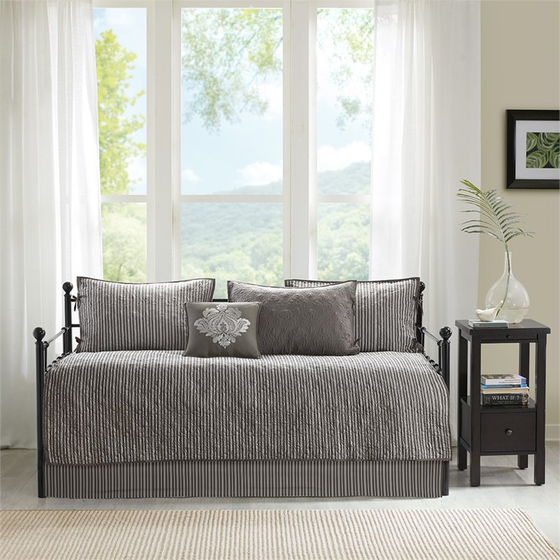 Pemberly Row Polyester Solid Brushed Reversible Daybed Cover Set in Gray