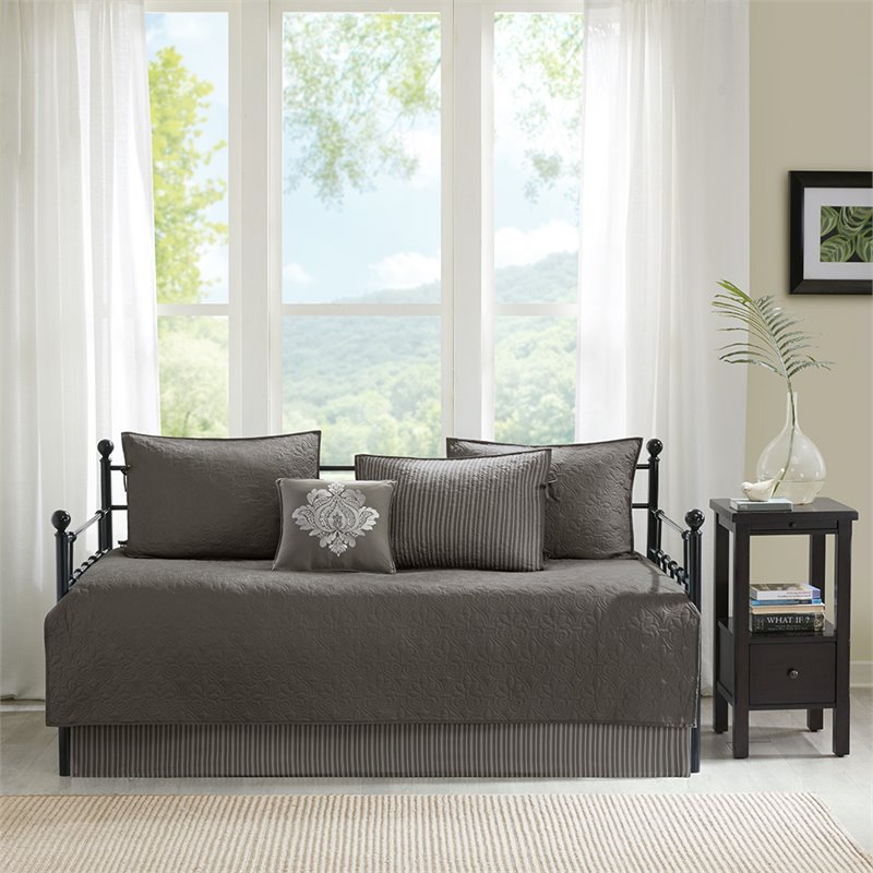 Pemberly Row Polyester Solid Brushed Reversible Daybed Cover Set in Gray