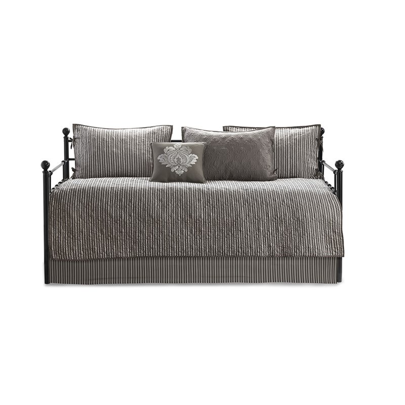 Pemberly Row Polyester Solid Brushed Reversible Daybed Cover Set in Gray