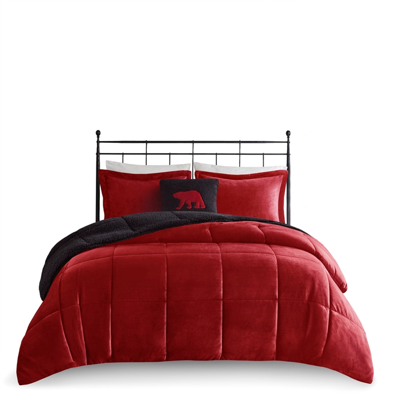 Pemberly Row Plush to Sherpa Down Alternative Comforter Set in Red and Black