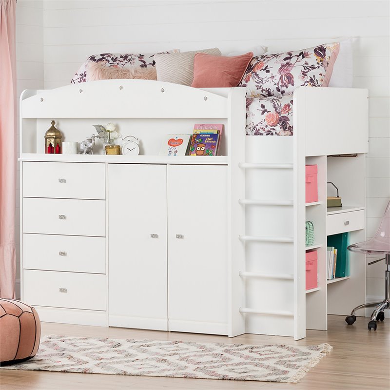Pemberly Row Wood Storage Twin Loft Bed in Pure White Finish