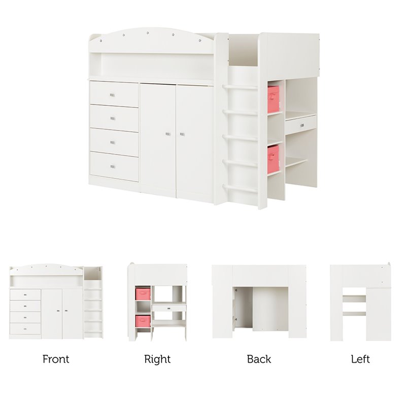 Pemberly Row Wood Storage Twin Loft Bed in Pure White Finish