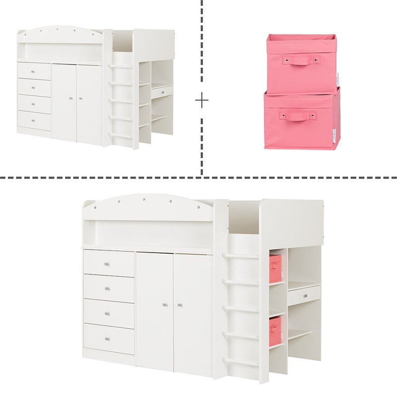 Pemberly Row Wood Storage Twin Loft Bed in Pure White Finish