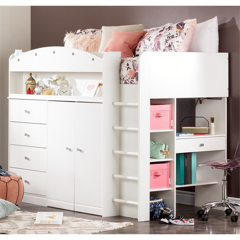 Pemberly Row Wood Storage Twin Loft Bed in Pure White Finish
