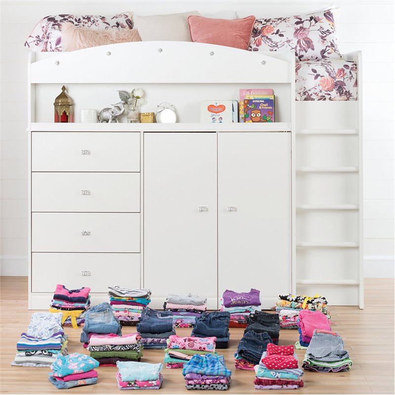 Pemberly Row Wood Storage Twin Loft Bed in Pure White Finish