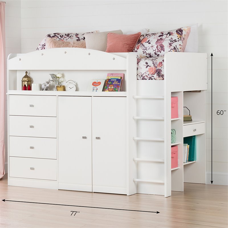 Pemberly Row Wood Storage Twin Loft Bed in Pure White Finish