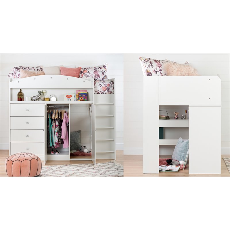 Pemberly Row Wood Storage Twin Loft Bed in Pure White Finish