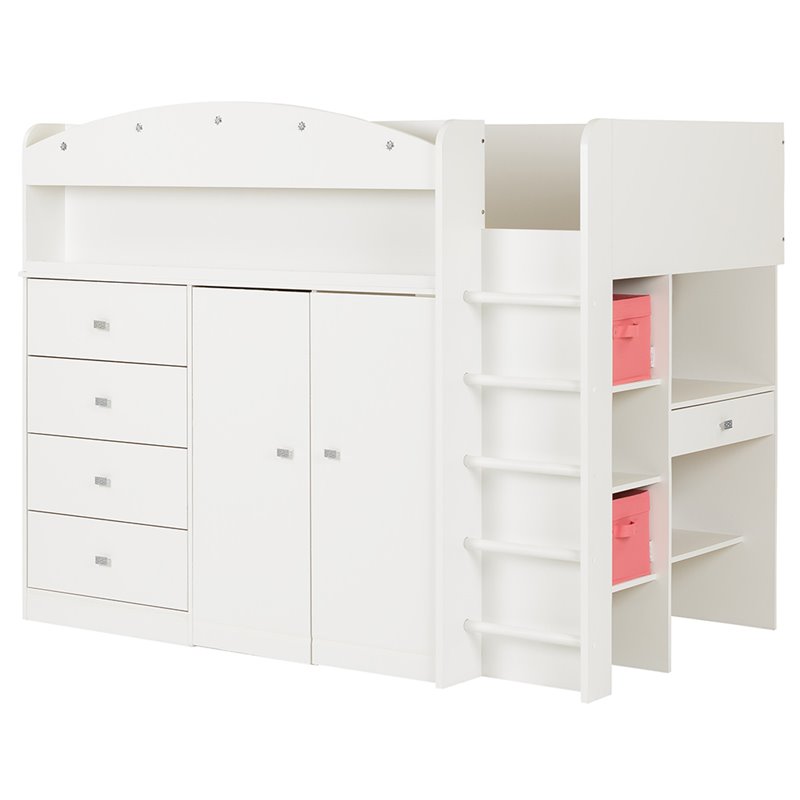 Pemberly Row Wood Storage Twin Loft Bed in Pure White Finish
