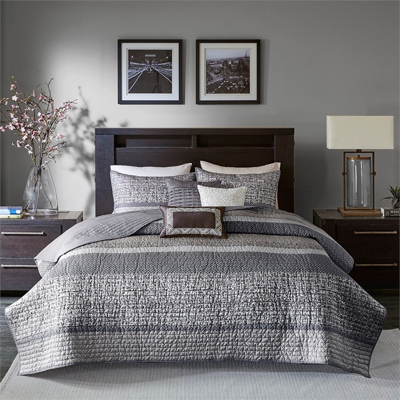 Pemberly Row 6-Piece Jacquard Quilt Set with Throw Pillows - Gray/Taupe