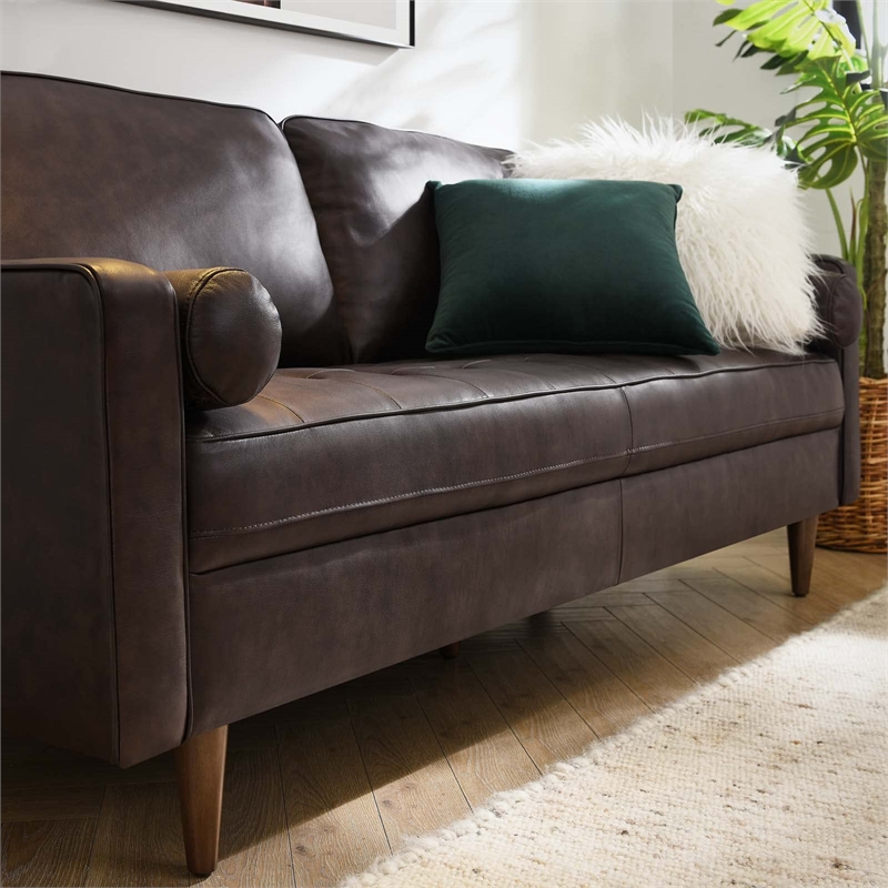 Pemberly Row Contemporary Top Grain Leather Sofa in Brown Finish