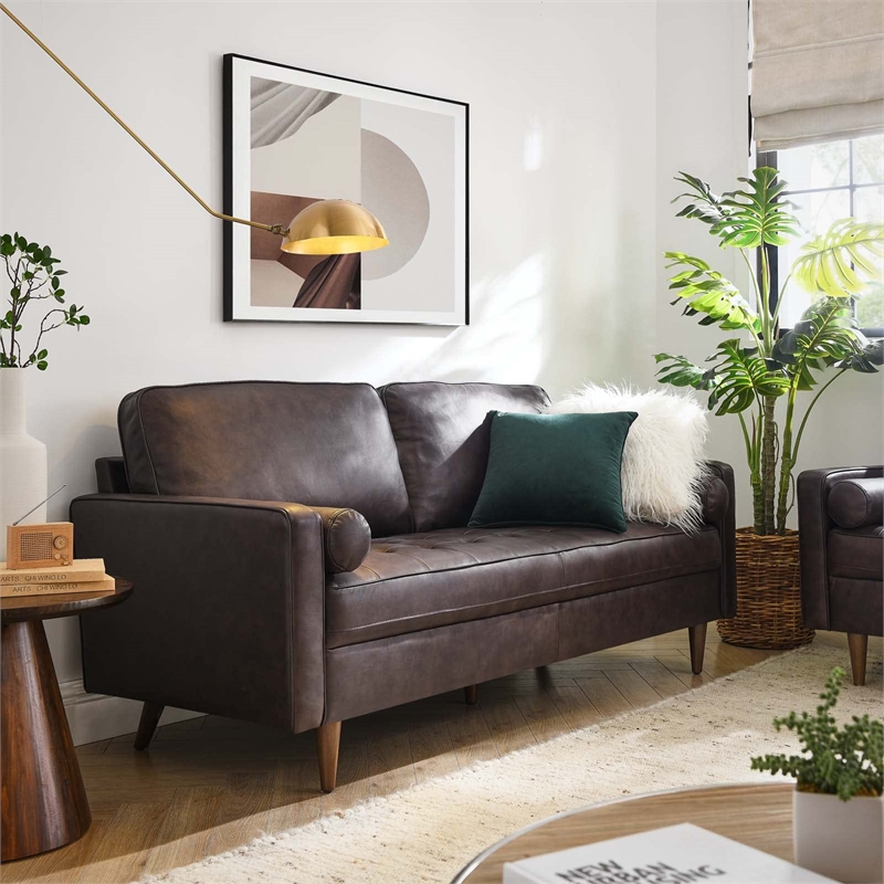 Pemberly Row Contemporary Top Grain Leather Sofa in Brown Finish