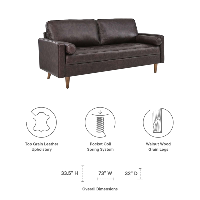 Pemberly Row Contemporary Top Grain Leather Sofa in Brown Finish