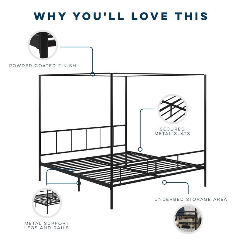 Pemberly Row Modern Metal Canopy King Platform Bed Frame in Black