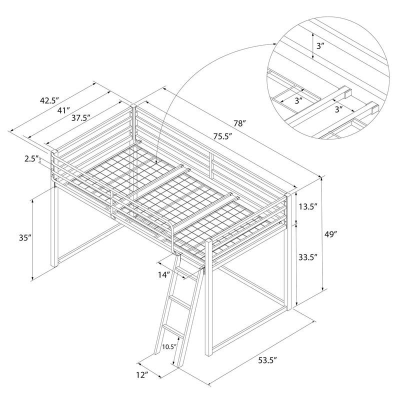 Pemberly Row Contemporary Twin Metal Junior Loft Bed in Navy