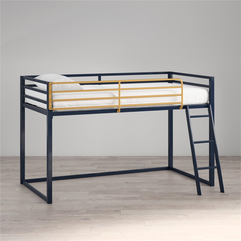 Pemberly Row Contemporary Twin Metal Junior Loft Bed in Navy