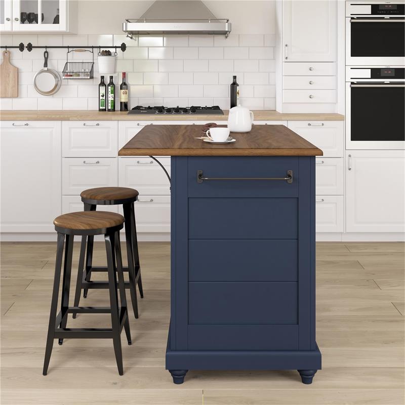 Pemberly Row Contemporary Kitchen Island with 2 Stools in Blue