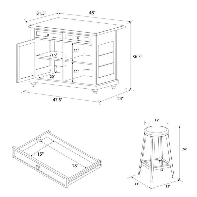 Pemberly Row Contemporary Kitchen Island with 2 Stools in Blue