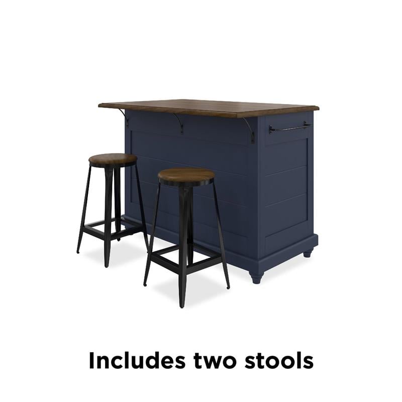 Pemberly Row Contemporary Kitchen Island with 2 Stools in Blue