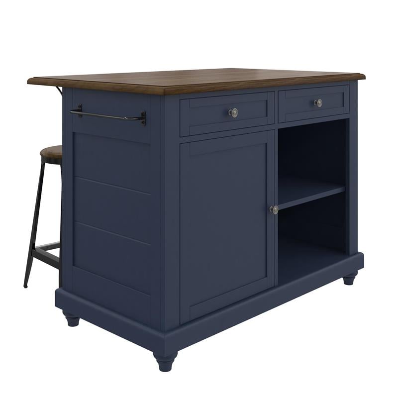 Pemberly Row Contemporary Kitchen Island with 2 Stools in Blue