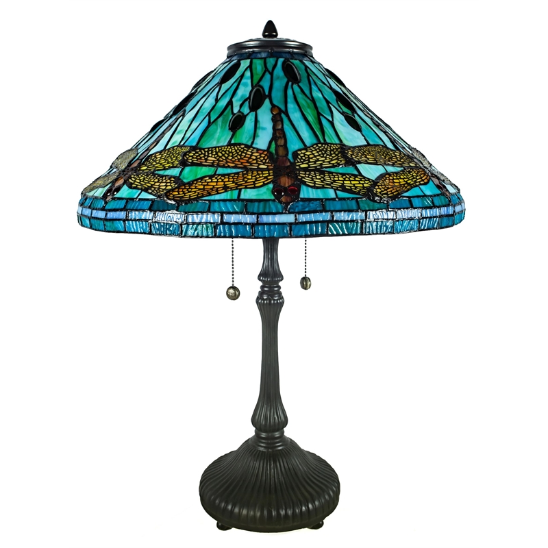 Pemberly Row 2-Light Metal & Art Glass Table Lamp in Antique Bronze/Azure Blue