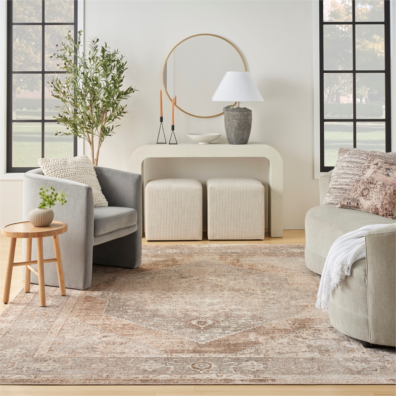 Pemberly Row Machine Washable 9' x 12' Fabric Beige Area Rug