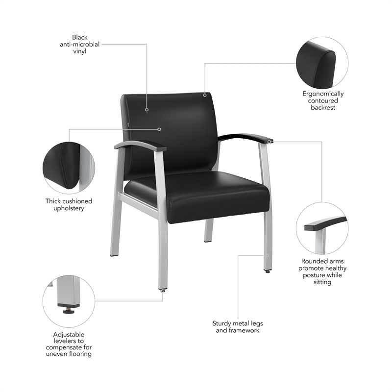 Pemberly Row Waiting Room Guest Chair with Arms in Black Vinyl