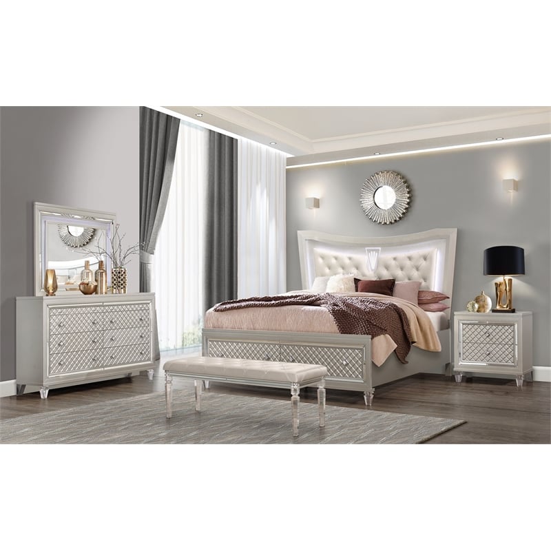 Pemberly Row Beige 2-Drawer Nightstand with Tapered Acrylic Legs
