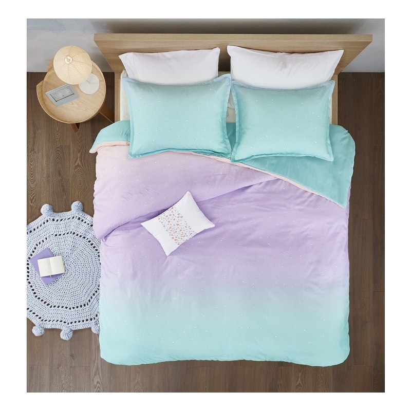 Pemberly Row Metallic Glitter Printed Reversible Duvet Cover Set in Aqua