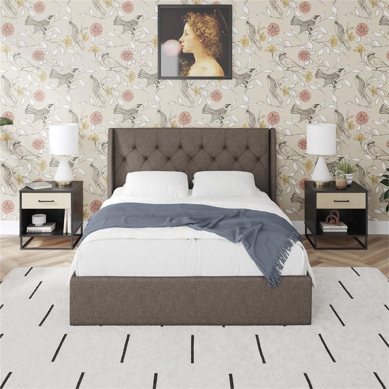 Pemberly Row Lift Up Storage Queen Bed Frame in Light Gray Linen