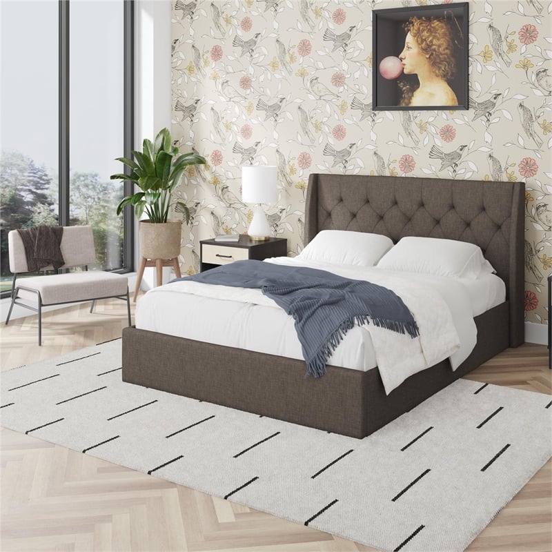 Pemberly Row Lift Up Storage Queen Bed Frame in Light Gray Linen