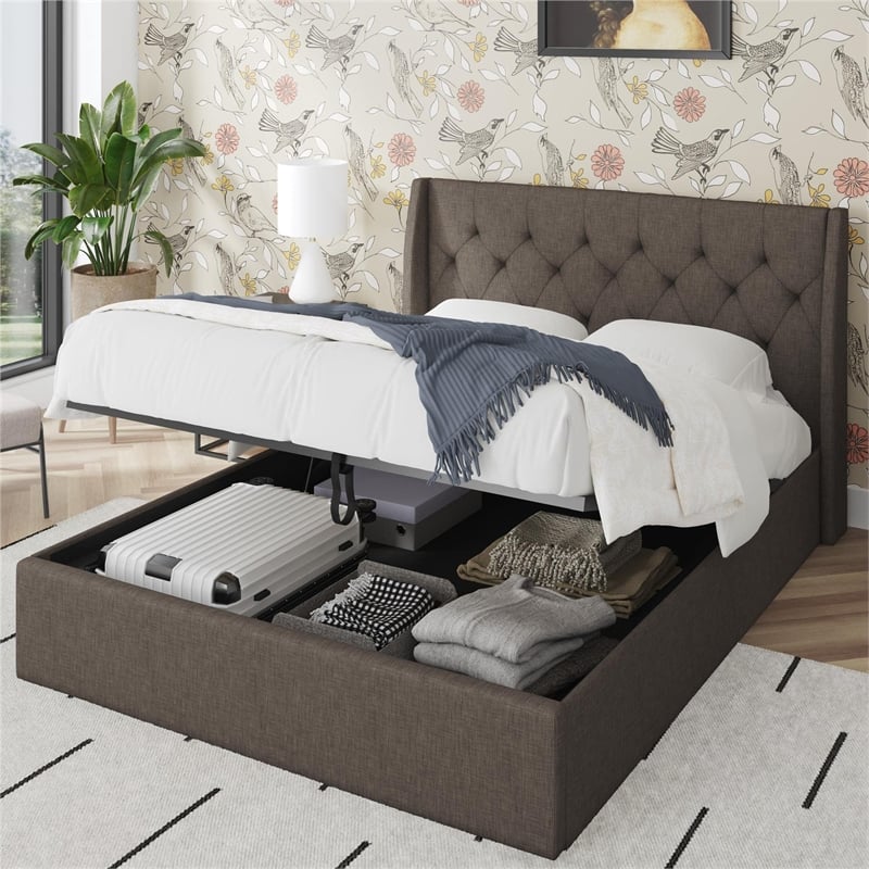 Pemberly Row Lift Up Storage Queen Bed Frame in Light Gray Linen