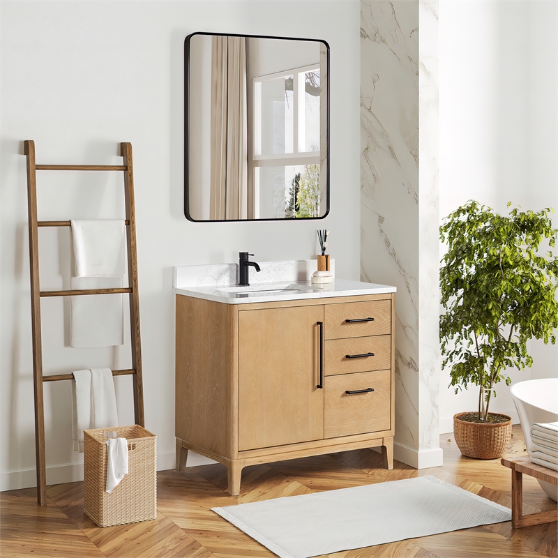 Pemberly Row Single Bath Vanity - Washed Ash Gray w/ White Grain Composite Stone