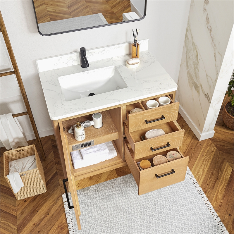 Pemberly Row Single Bath Vanity - Washed Ash Gray w/ White Grain Composite Stone