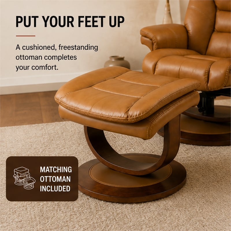 Pemberly Row Leather Manual Reclining Swivel Chair and Ottoman in Brown