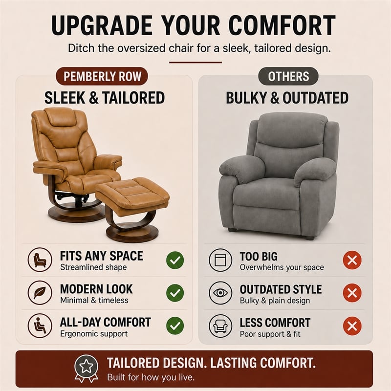 Pemberly Row Leather Manual Reclining Swivel Chair and Ottoman in Brown