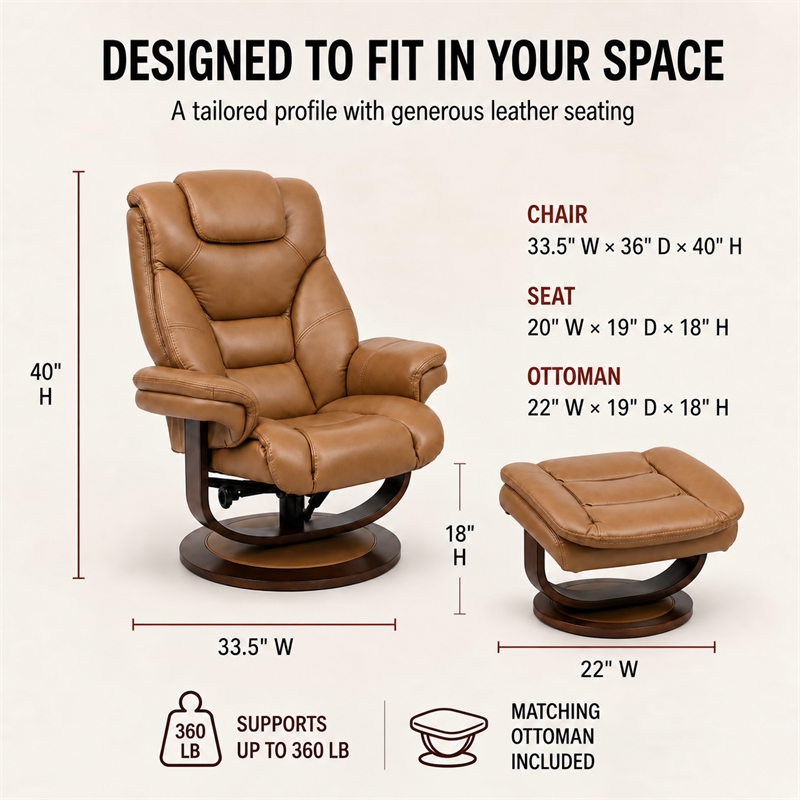 Pemberly Row Leather Manual Reclining Swivel Chair and Ottoman in Brown