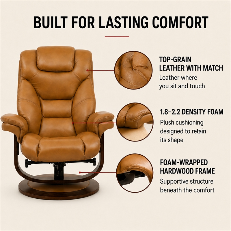 Pemberly Row Leather Manual Reclining Swivel Chair and Ottoman in Brown