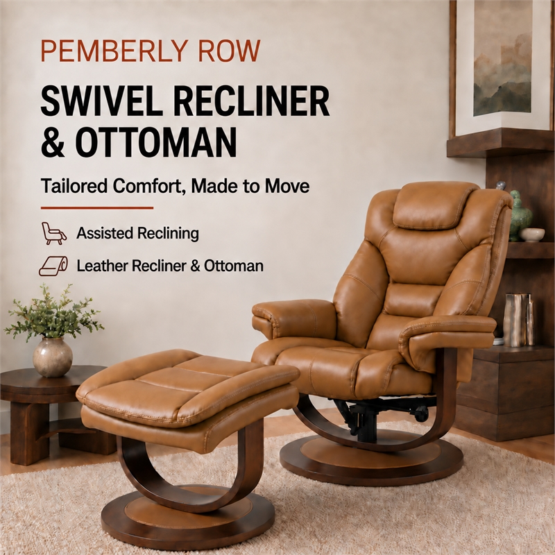 Pemberly Row Leather Manual Reclining Swivel Chair and Ottoman in Brown