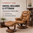 Pemberly Row Leather Manual Reclining Swivel Chair and Ottoman in Brown