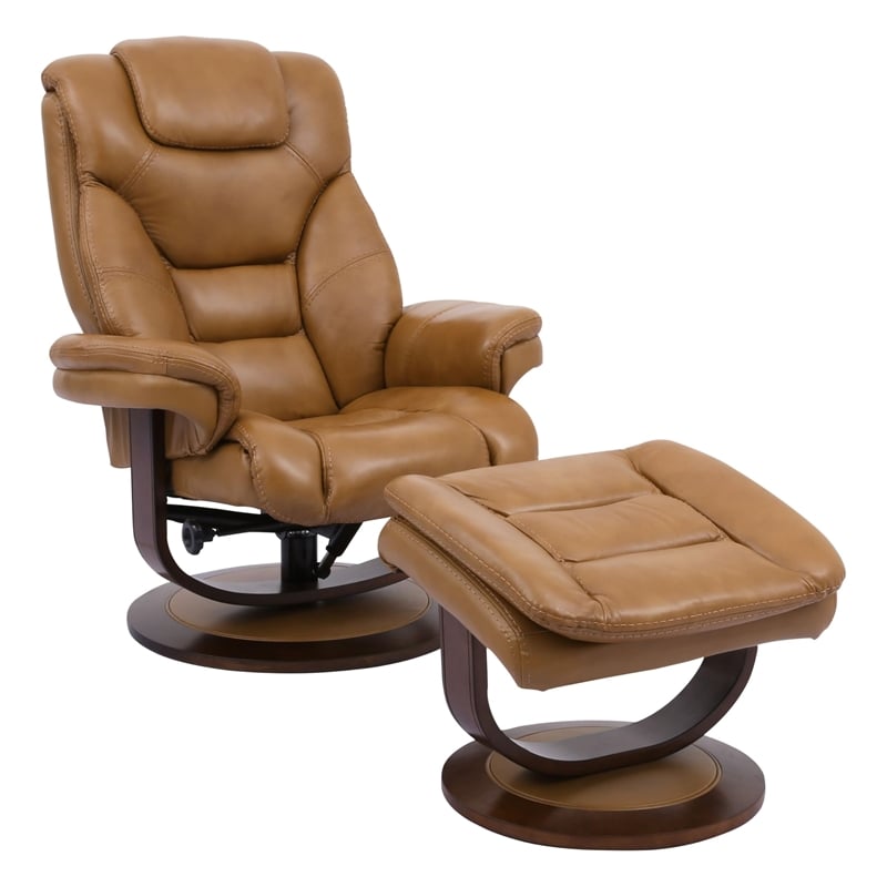 Pemberly Row Leather Manual Reclining Swivel Chair and Ottoman in Brown