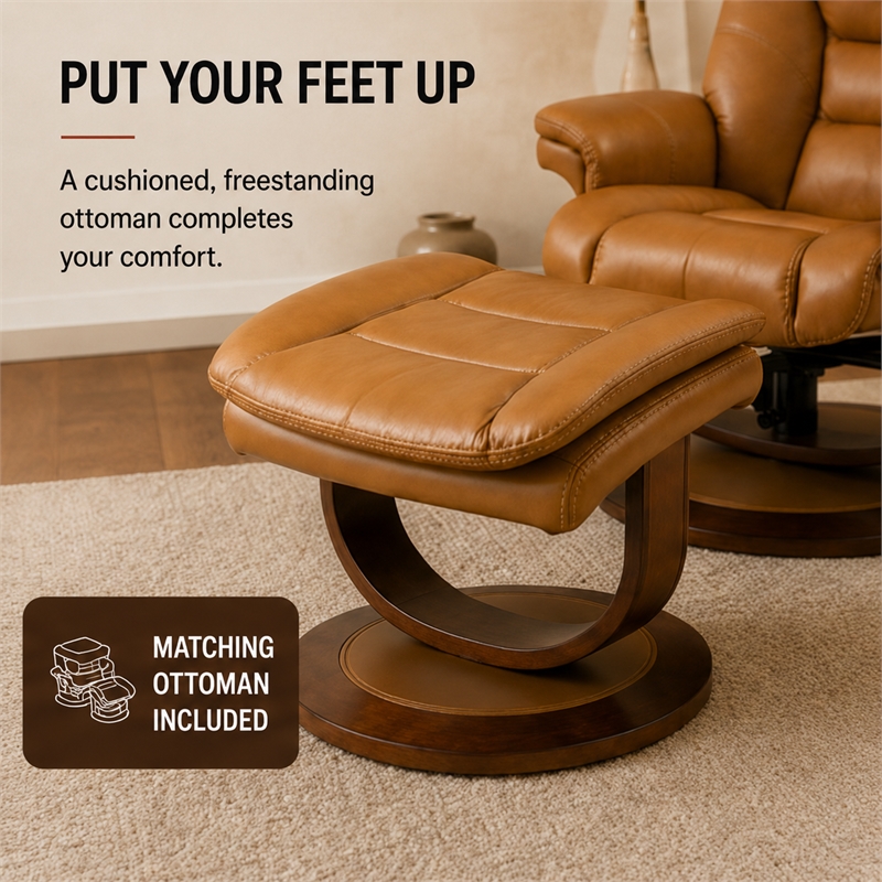 Pemberly Row Leather Manual Reclining Swivel Chair and Ottoman in Brown