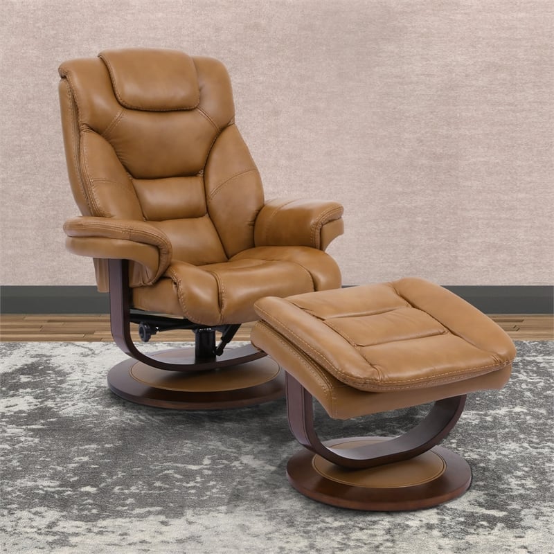 Pemberly Row Leather Manual Reclining Swivel Chair and Ottoman in Brown