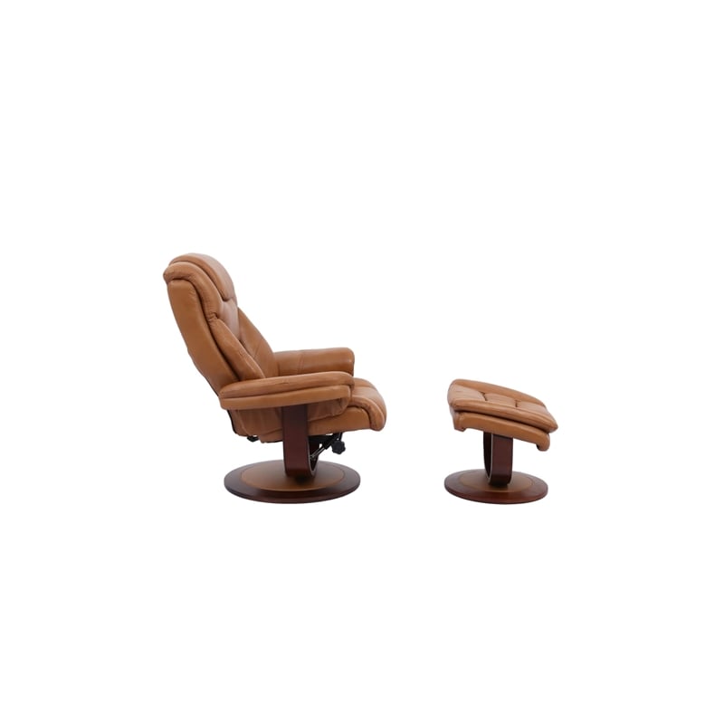 Pemberly Row Leather Manual Reclining Swivel Chair and Ottoman in Brown