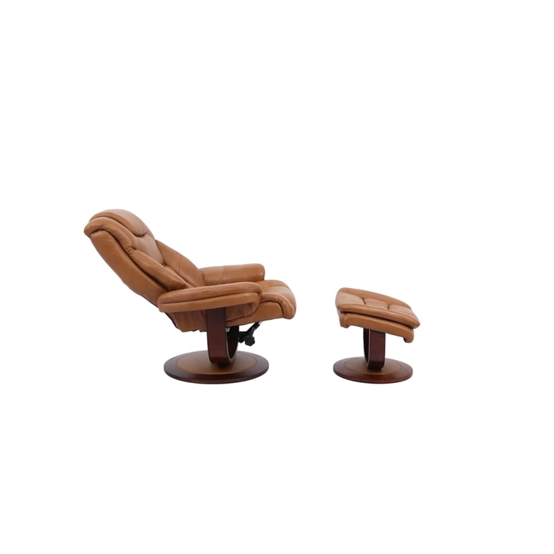 Pemberly Row Leather Manual Reclining Swivel Chair and Ottoman in Brown