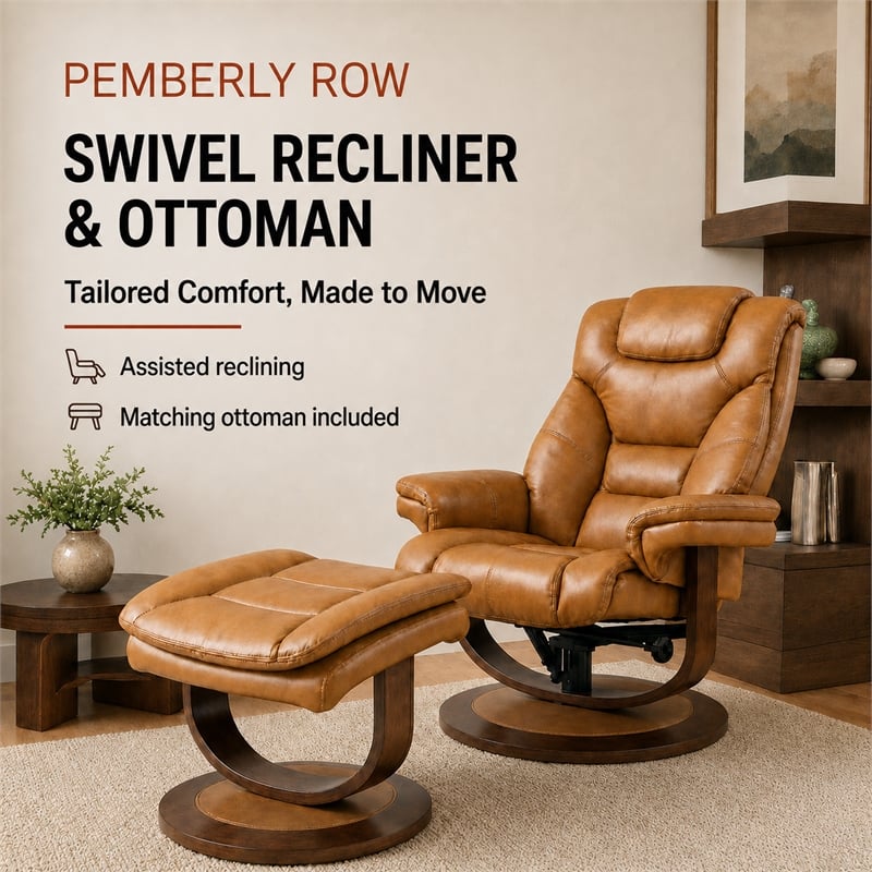 Pemberly Row Leather Manual Reclining Swivel Chair and Ottoman in Brown