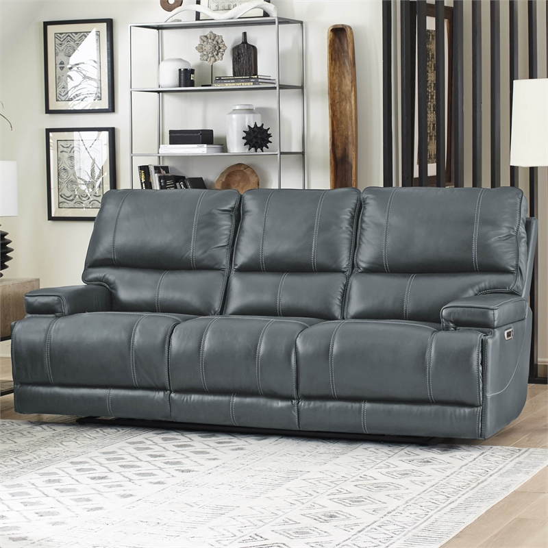 Pemberly Row Leather Power Reclining Cordless Sofa in Verona Azure Blue